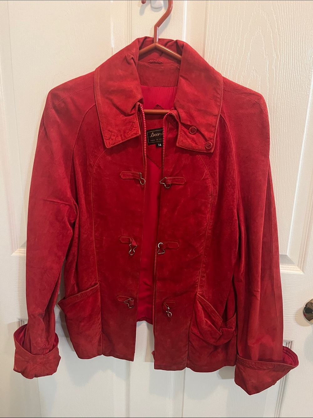 Red Suede Toggle Leather Jacket by Jaclyn